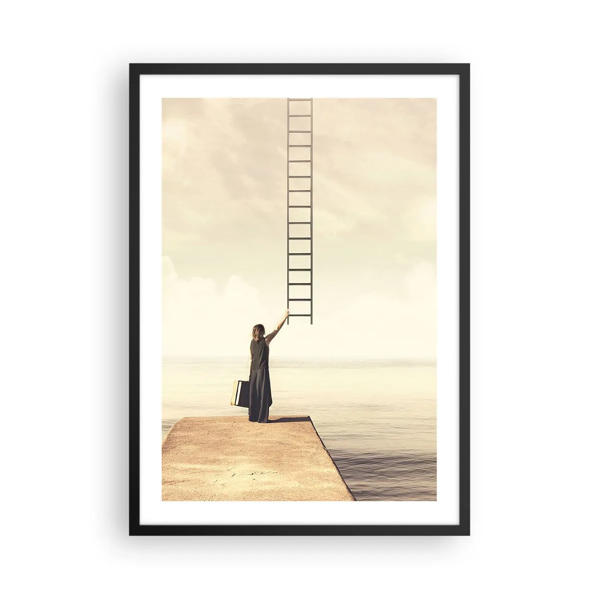 Plakat w czarnej ramie - Kobieta na molo sięgająca drabiny prowadzącej do nieba - 50x70cm - Magiczna podróż - Nowoczesna dekoracja ścienna do salonu i sypialni ARTTOR