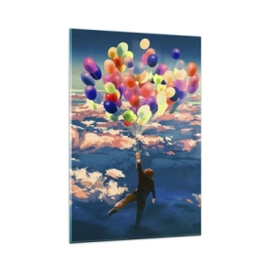 Obraz na szkle - Postać unosząca się z kolorowymi balonami ponad chmurami - 80x120cm - Spełnione marzenie dzieciństwa - Nowoczesna dekoracja ścienna do salonu i sypialni ARTTOR