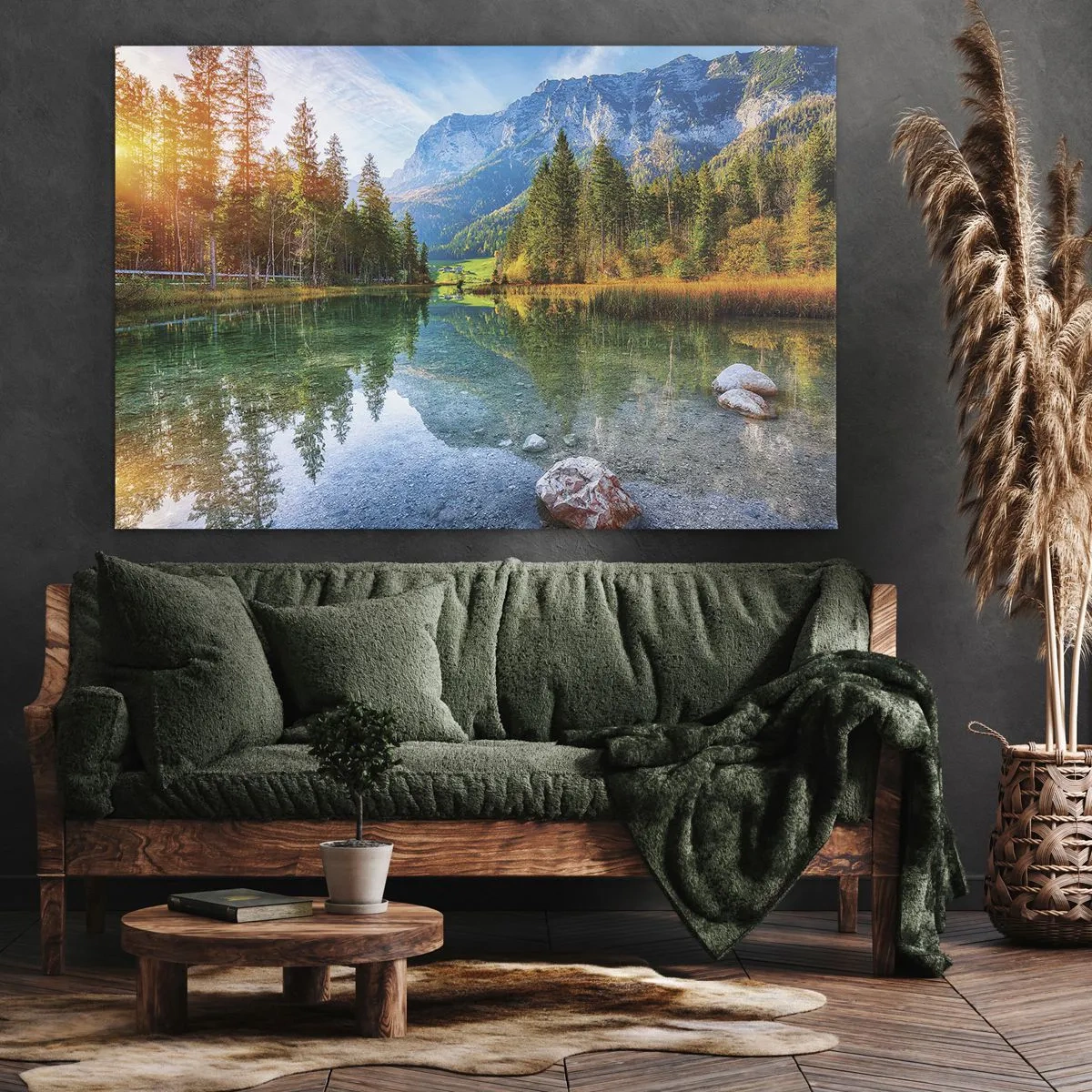 Obraz na płótnie - Malownicze jezioro w otoczeniu gór i lasów - 70x50cm - Łagodność jesieni - Nowoczesna dekoracja ścienna do salonu i sypialni ARTTOR