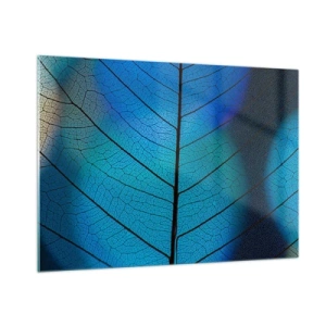 Obraz na szkle - Zbliżenie błękitnego liścia z widoczną strukturą żyłek - 100x70cm - Misterna budowa - Nowoczesna dekoracja ścienna do salonu, kuchni i sypialni ARTTOR