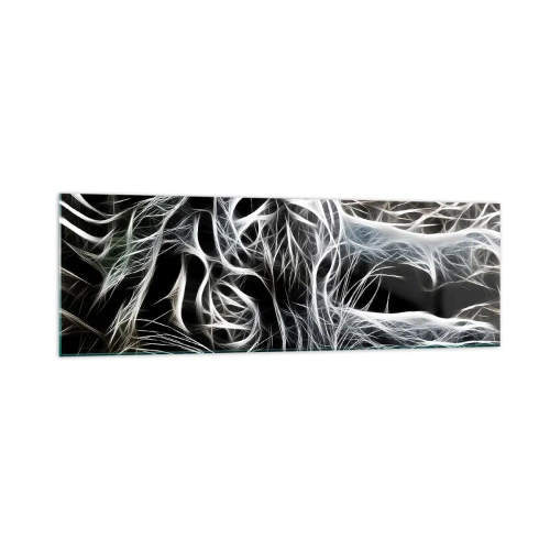 Obraz na szkle - Abstrakcyjny wzór przedstawiający sylwetkę kota na czarnym tle - 160x50cm - Studium kociej lekkości - Nowoczesna dekoracja ścienna do salonu i sypialni ARTTOR