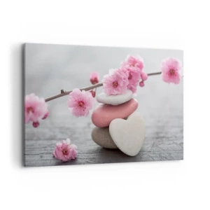 Obraz na płótnie - Delikatne kwiaty wiśni z kamieniami w kształcie serca - 100x70cm - Błogość z kwiatem wiśni - Nowoczesna dekoracja ścienna do salonu, kuchni i sypialni ARTTOR