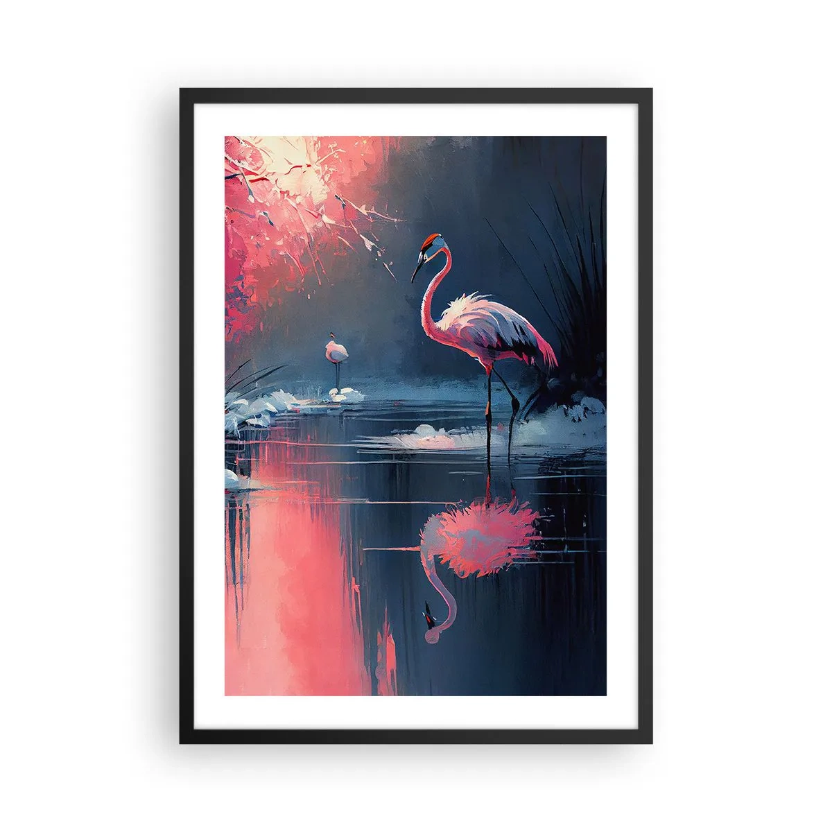 Plakat w czarnej ramie - Flamingi nad spokojnym jeziorem - 50x70cm - Ptasie ustronie - Nowoczesna dekoracja ścienna do salonu i sypialni ARTTOR