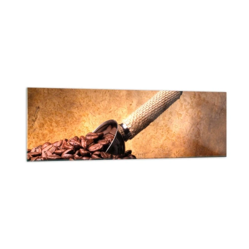 Obraz na szkle - Ziarna kawy w worku jutowym z metalową łyżką - 160x50cm - U źródeł smaku - Nowoczesna dekoracja ścienna do salonu i sypialni ARTTOR