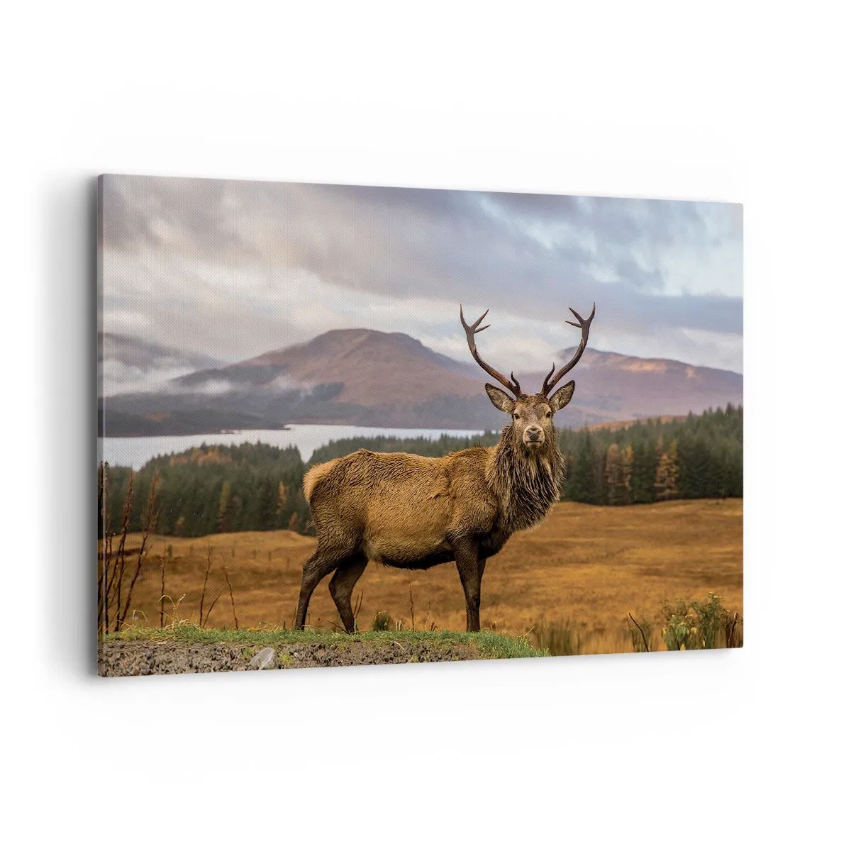 Obraz na płótnie - Jeleń na tle górskiego krajobrazu z jeziorami i lasem - 120x80cm - Majestat natury - Nowoczesna dekoracja ścienna do salonu, kuchni i sypialni ARTTOR