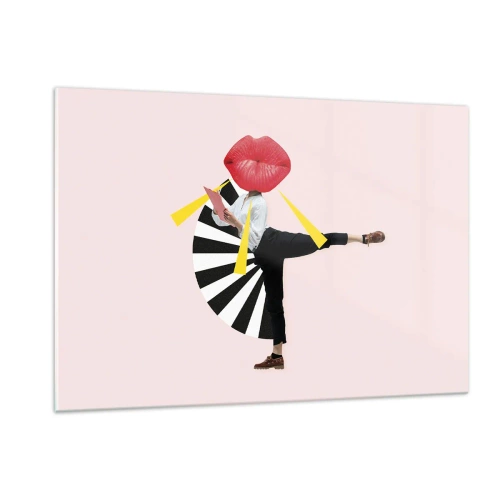 Obraz na szkle - Surrealistyczna kompozycja pop-art z postacią z wielkimi ustami na tle różowego tła - 120x80cm - Surrealistyczny pop-art - Nowoczesna dekoracja ścienna do salonu, kuchni i sypialni ARTTOR