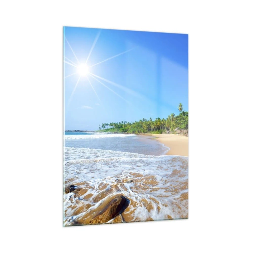 Obraz na szkle - Tropikalna plaża z palmami i falami pod błękitnym niebem - 50x70cm - Egzotyczne miejsce dla ciebie - Nowoczesna dekoracja ścienna do salonu, kuchni i sypialni ARTTOR