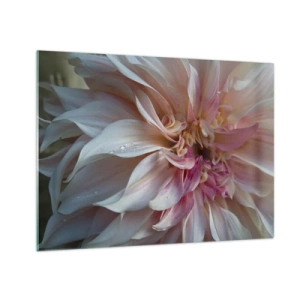 Obraz na szkle - Zbliżenie na różowo-kremowy kwiat z kroplami wody - 70x50cm - Kwitnąca świeżość - Nowoczesna dekoracja ścienna do salonu i sypialni ARTTOR