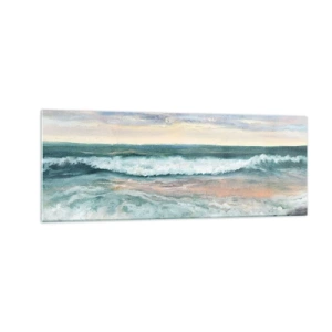 Obraz na szkle - Morskie fale na tle zachmurzonego nieba o zachodzie słońca - 140x50cm - Tutaj wygładzisz duszę - Nowoczesna dekoracja ścienna do salonu i sypialni ARTTOR