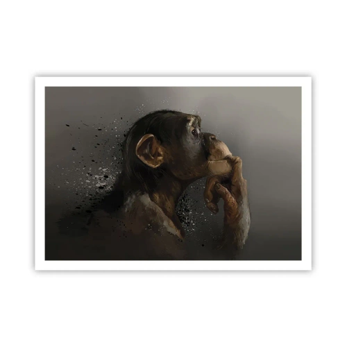Plakat - Portret małpy w refleksyjnej pozie na szarym tle - 100x70cm - Z pewnością myśliciel - Nowoczesna dekoracja ścienna do salonu i sypialni ARTTOR