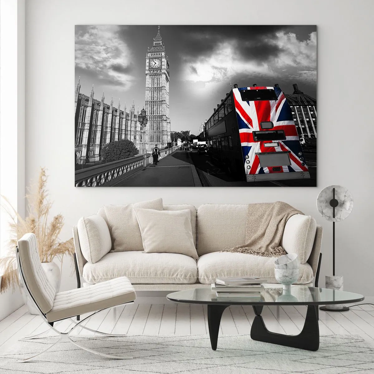 Obraz na szkle - Big Ben i autobus z flagą Wielkiej Brytanii - 70x50cm - Dumna i wielka - Nowoczesna dekoracja ścienna do salonu i sypialni ARTTOR