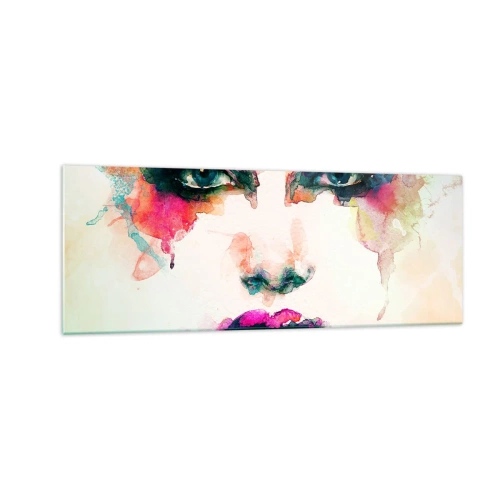 Obraz na szkle - Abstrakcyjny portret kobiety w intensywnych barwach - 140x50cm - Portret malowany tęczą - Nowoczesna dekoracja ścienna do salonu i sypialni ARTTOR