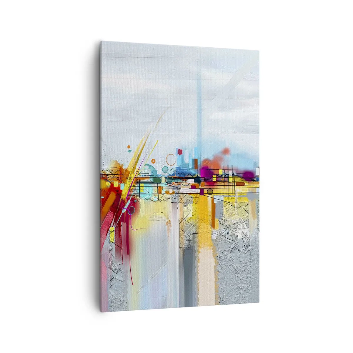 Obraz na płótnie - Abstrakcyjny krajobraz z kolorowymi akcentami - 80x120cm - Most radości nad rzeką życia - Nowoczesna dekoracja ścienna do salonu i sypialni ARTTOR