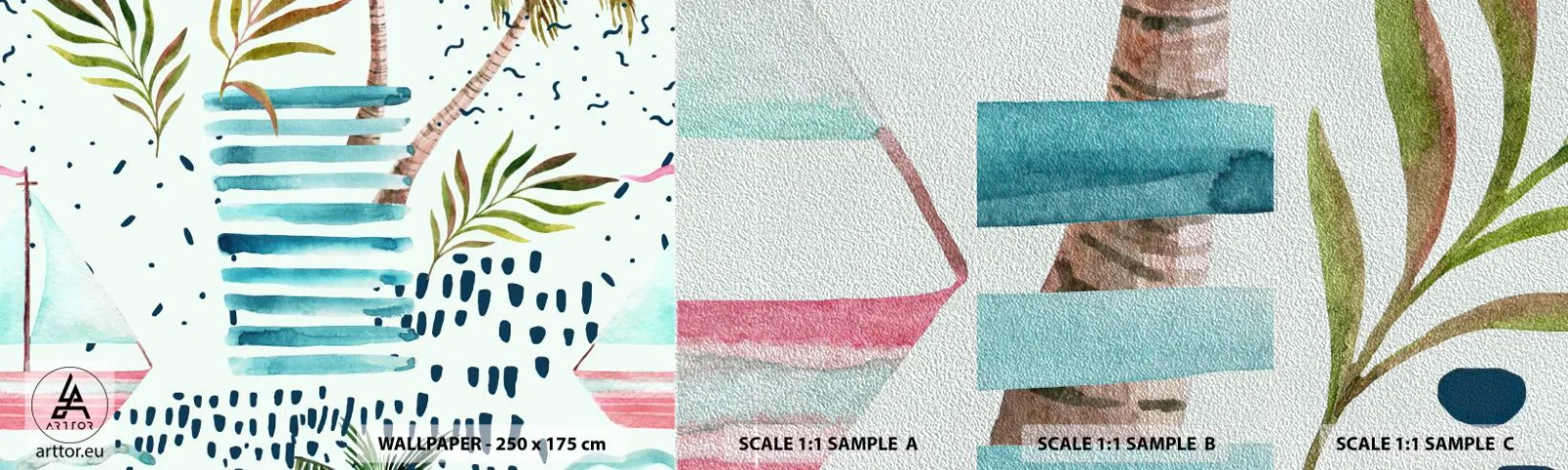 Fototapeta Próbka Premium Sand - Wakacje pod palmami - Akwarele, Palma Kokosowa, Żaglówka - 100x30 cm