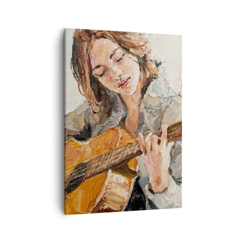 Obraz na płótnie - Impresjonistyczny portret młodej kobiety grającej na gitarze - 50x70cm - Koncert na gitarę i dziewczęce serce - Nowoczesna dekoracja ścienna do salonu, kuchni i sypialni ARTTOR