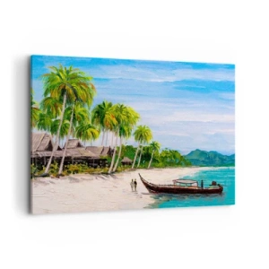 Obraz na płótnie - Egzotyczna plaża z palmami i łodzią przy brzegu - 120x80cm - Egzotyczny sen - Nowoczesna dekoracja ścienna do salonu, kuchni i sypialni ARTTOR