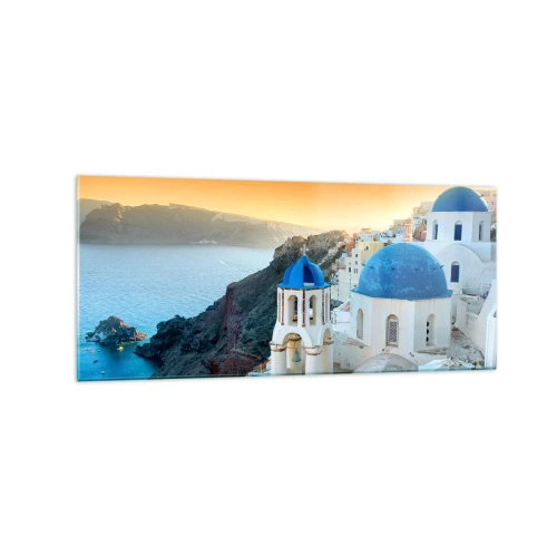 Obraz na szkle - Widok na Santorini z białymi budynkami i błękitnym morzem - 120x50cm - Santorini - przytulone do skał - Nowoczesna dekoracja ścienna do salonu i sypialni ARTTOR