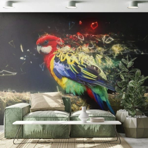 Fototapeta Premium Sand - Kolorowa papuga z efektem rozproszenia na ciemnym tle - 100x70cm - Posłaniec blasku - Nowoczesna dekoracja ścienna do salonu, kuchni i sypialni ARTTOR