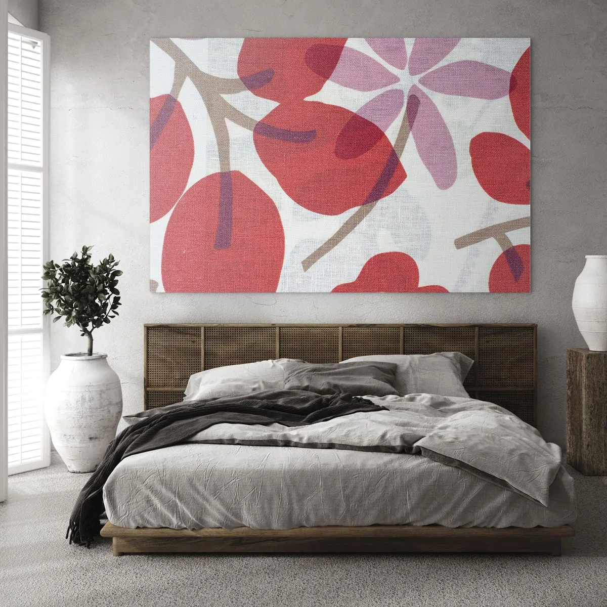 Obraz na szkle - Różowe i czerwone liście oraz kwiaty na jasnym tle - 70x50cm - Kompozycja kwiatowa w różu - Nowoczesna dekoracja ścienna do salonu i sypialni ARTTOR