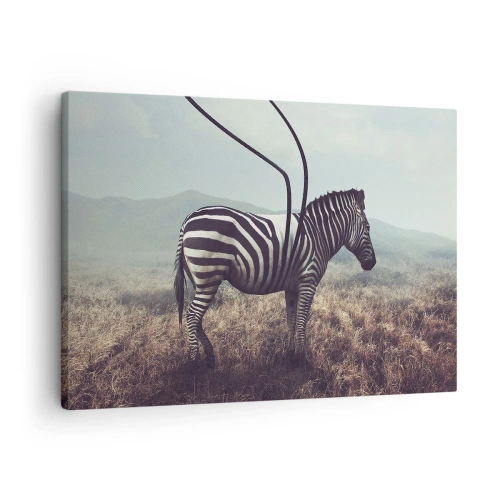 Obraz na płótnie - Surrealistyczna zebra na tle trawiastego krajobrazu - 70x50cm - Uwaga! Usterka - Nowoczesna dekoracja ścienna do salonu i sypialni ARTTOR