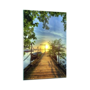 Obraz na szkle - Pomost nad jeziorem w promieniach zachodu słońca - 70x100cm - Zachód nad wodą - Nowoczesna dekoracja ścienna do salonu i sypialni ARTTOR