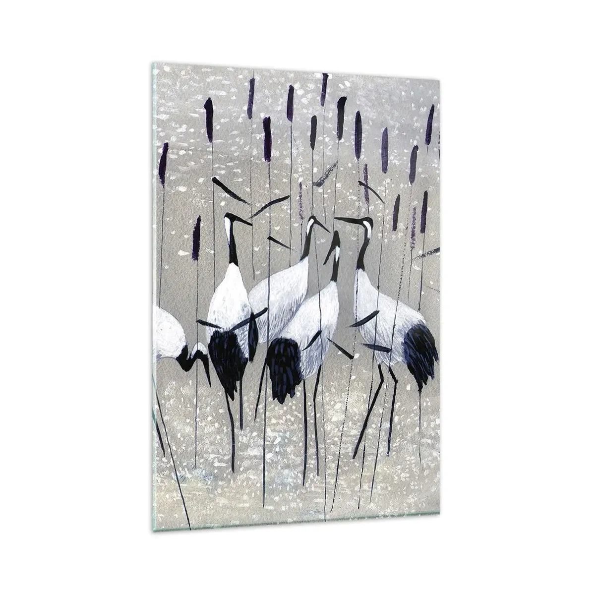 Obraz na szkle - Czaple wśród traw na spokojnym tle - 80x120cm - Wśród swoich - Nowoczesna dekoracja ścienna do salonu i sypialni ARTTOR