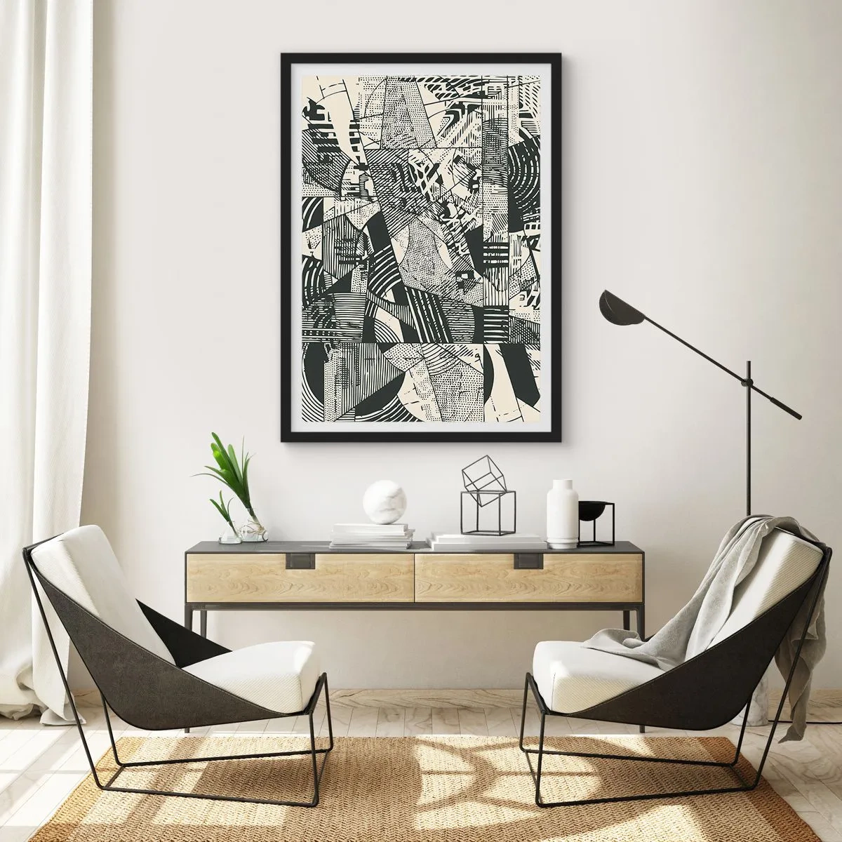 Plakat w czarnej ramie - Czarno-białe abstrakcyjne wzory geometryczne - 50x70cm - Dynamika współczesności - Nowoczesna dekoracja ścienna do salonu i sypialni ARTTOR