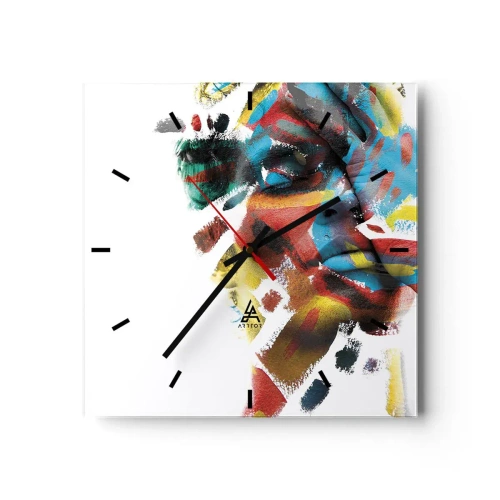 Zegar ścienny - Abstrakcyjny portret w żywych kolorach - 30x30cm - Barwna osobowość - Nowoczesna dekoracja ścienna do salonu i sypialni ARTTOR