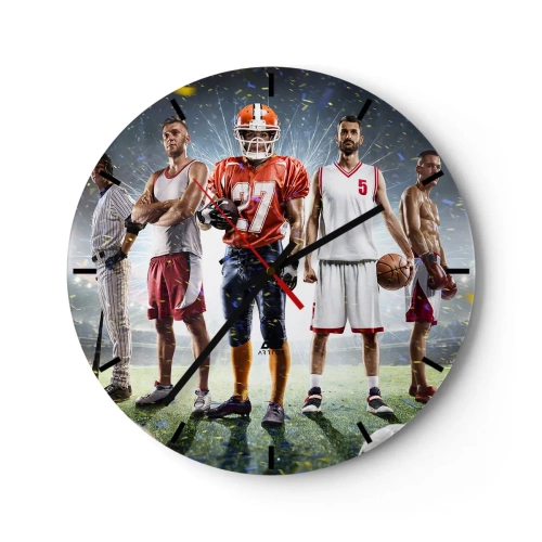 Zegar ścienny - Grupa sportowców na tle stadionu oświetlonego reflektorami - 30x30cm - Gladiatorzy boisk - Nowoczesna dekoracja ścienna do salonu, kuchni i sypialni ARTTOR