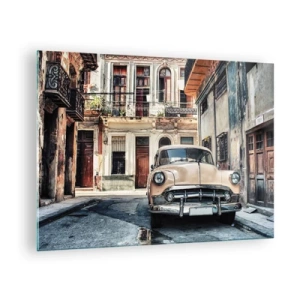 Obraz na szkle - Retro samochód na ulicy starego miasta - 70x50cm - Sjesta w Hawanie - Nowoczesna dekoracja ścienna do salonu i sypialni ARTTOR
