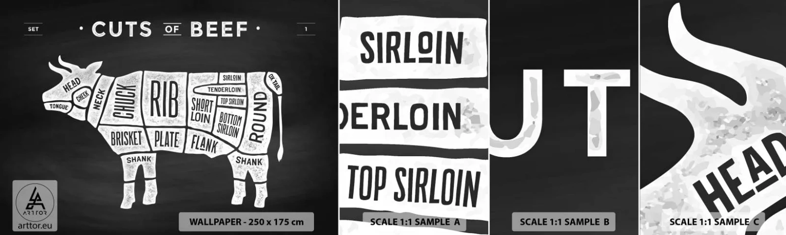 Fototapeta Próbka Samoprzylepna Deluxe Sticker - Elementarz masarza - Gastronomia, Byk, Wołowina - 100x30 cm