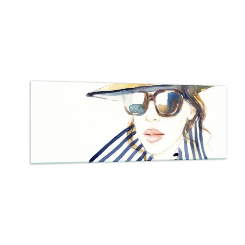 Obraz na szkle - Portret kobiety w kapeluszu i okularach przeciwsłonecznych - 140x50cm - Floryda wita! - Nowoczesna dekoracja ścienna do salonu i sypialni ARTTOR