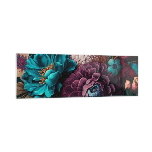 Obraz na szkle - Bukiet kwiatów w intensywnych kolorach na ciemnym tle - 160x50cm - Natura na bogato - Nowoczesna dekoracja ścienna do salonu i sypialni ARTTOR