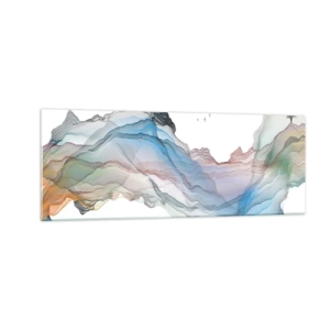 Obraz na szkle - Subtelny krajobraz z górami, wodą i łódką - 140x50cm - Ku kryształowym górom - Nowoczesna dekoracja ścienna do salonu i sypialni ARTTOR