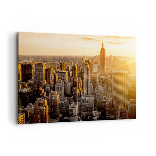 Obraz na płótnie - Panorama Nowego Jorku o zachodzie słońca z widokiem na Empire State Building - 100x70cm - Rosnąc w słońcu - Nowoczesna dekoracja ścienna do salonu, kuchni i sypialni ARTTOR