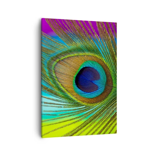 Obraz na płótnie - Zbliżenie na kolorowe pióro pawia z wyraźnym wzorem oka - 50x70cm - Oko w oko - Nowoczesna dekoracja ścienna do salonu, kuchni i sypialni ARTTOR