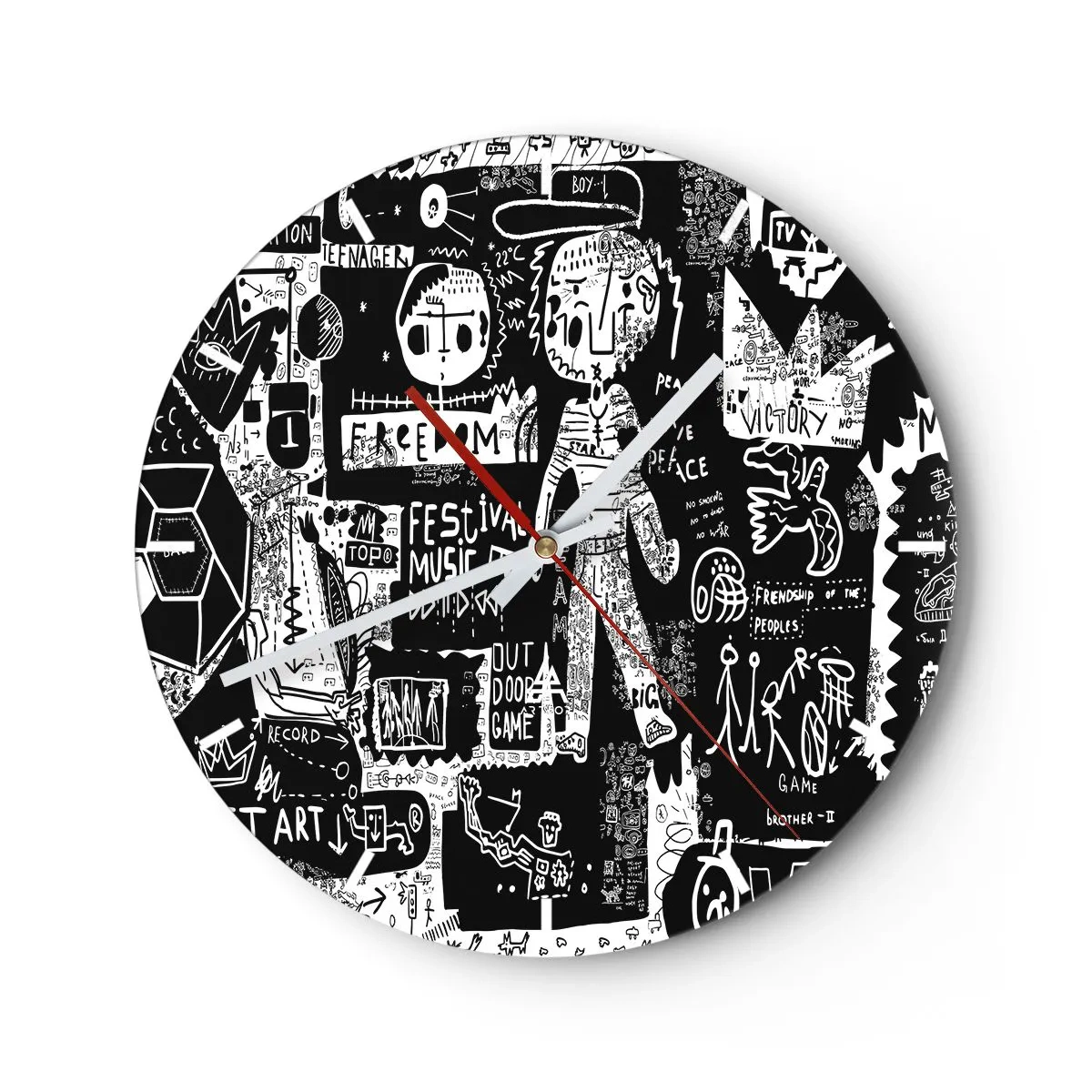 Zegar ścienny - Tarcza zegara z dynamicznym czarno-białym motywem artystycznych doodli - 30x30cm - Duchowej młodości prawa i radości - Nowoczesna dekoracja ścienna do salonu, kuchni i sypialni ARTTOR