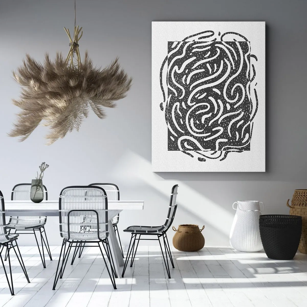 Obraz na płótnie - Czarno-biała abstrakcyjna kompozycja z dynamicznymi, falistymi liniami - 50x70cm - Abstrakcja: taniec radości - Nowoczesna dekoracja ścienna do salonu, kuchni i sypialni ARTTOR