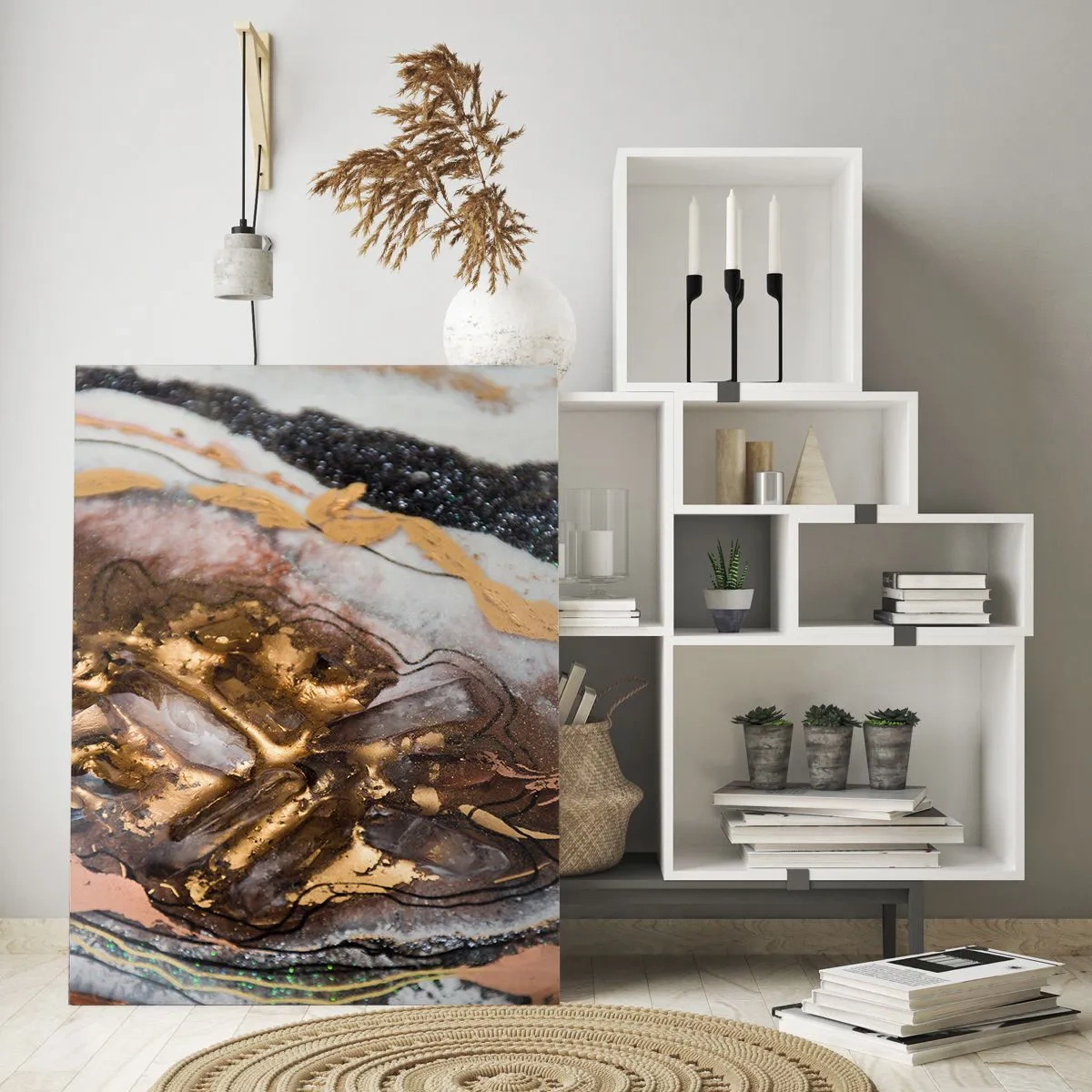 Obraz na szkle - Abstrakcyjna kompozycja z elementami złota i kryształów - 70x100cm - Żywioł ziemi - Nowoczesna dekoracja ścienna do salonu i sypialni ARTTOR