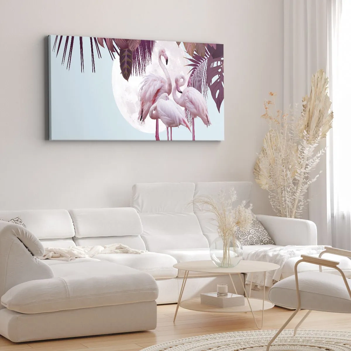 Obraz na płótnie - Różowe flamingi na tle księżyca i tropikalnych liści - 160x50cm - Trzy ptasie gracje - Nowoczesna dekoracja ścienna do salonu i sypialni ARTTOR
