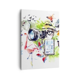 Obraz na płótnie - Fotograf w otoczeniu przyrody - 50x70cm - W obiektywie podróżnika - Nowoczesna dekoracja ścienna do salonu, kuchni i sypialni ARTTOR