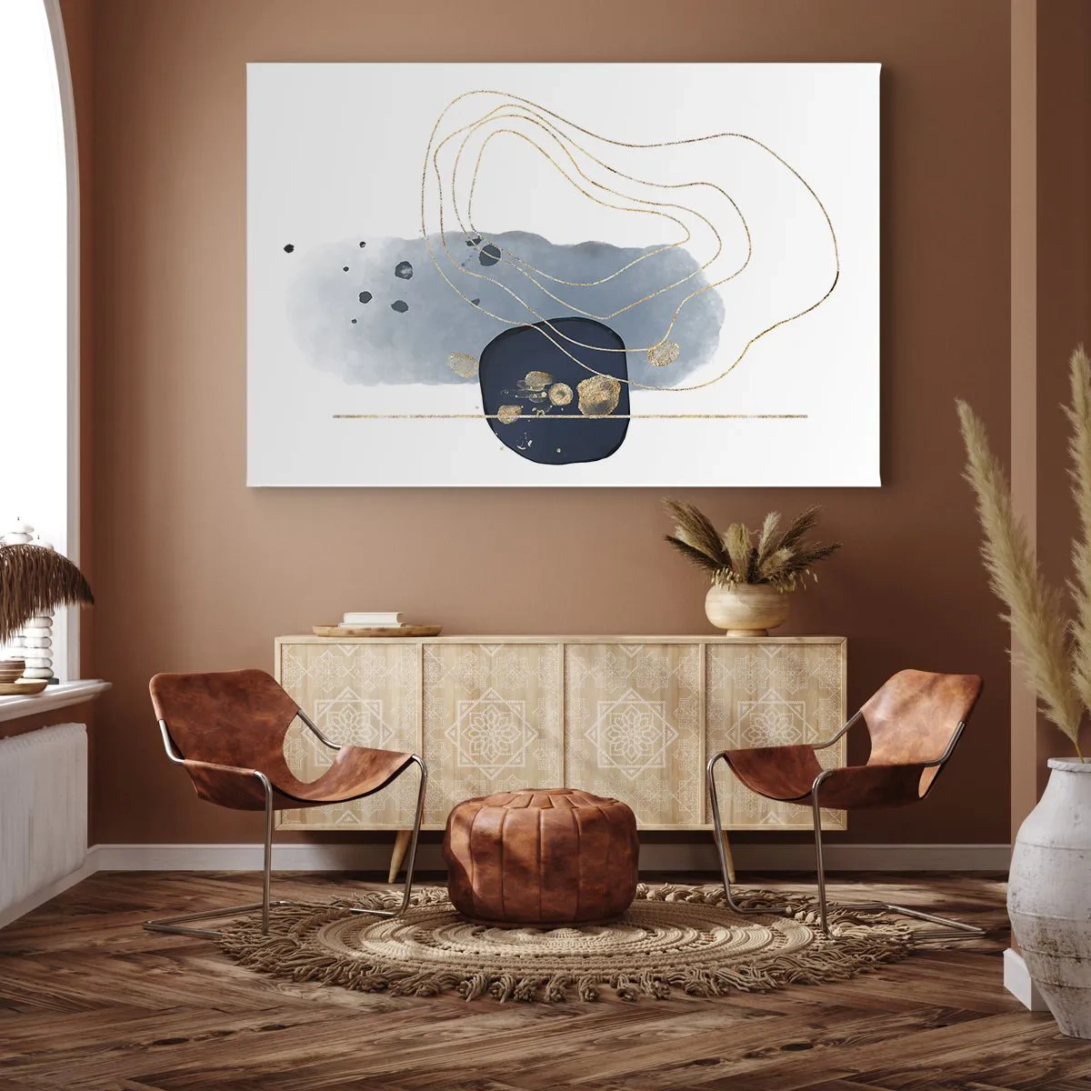 Obraz na płótnie - Abstrakcja w odcieniach niebieskiego i złotego - 70x50cm - Niebiesko-złota fantazja - Nowoczesna dekoracja ścienna do salonu i sypialni ARTTOR