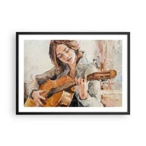Plakat w czarnej ramie - Portret dziewczyny grającej na gitarze w malarskim stylu z ciepłymi barwami - 70x50cm - Koncert na gitarę i dziewczęce serce - Nowoczesna dekoracja ścienna do salonu i sypialni ARTTOR