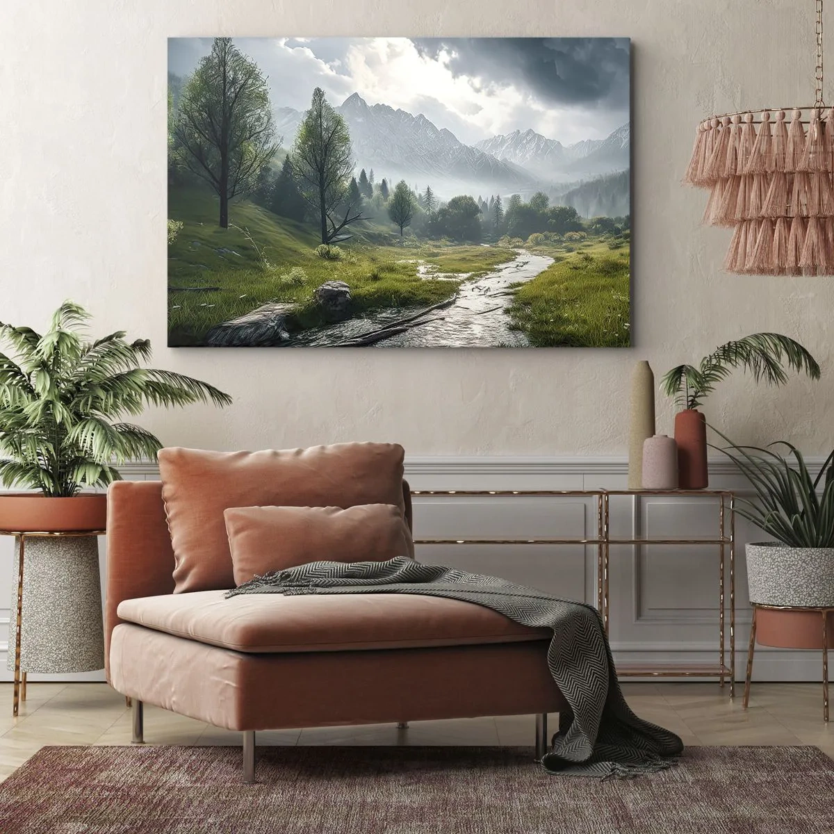 Obraz na płótnie - Tam i z powrotem - Górski krajobraz z rzeką i drzewami w otoczeniu mglistych gór - 70x50cm