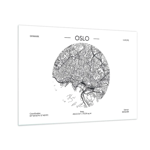 Obraz na szkle - Mapa miasta Oslo w stylu graficznym w czerni i bieli - 70x50cm - Anatomia Oslo - Nowoczesna dekoracja ścienna do salonu i sypialni ARTTOR