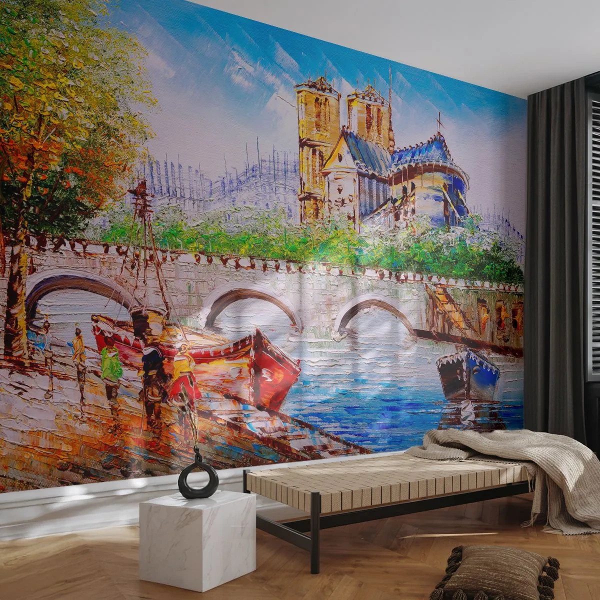 Fototapeta Premium Sand - Impresjonistyczny pejzaż miasta z katedrą i rzeką - 100x70cm - Ich czas nigdy nie mija - Nowoczesna dekoracja ścienna do salonu, kuchni i sypialni ARTTOR