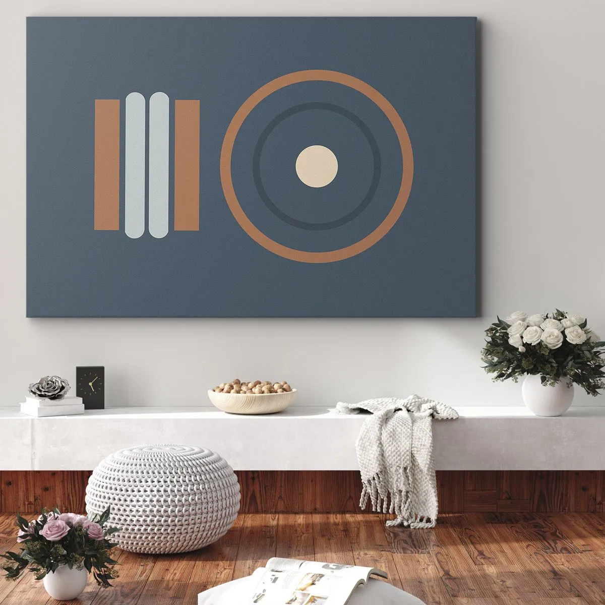 Obraz na płótnie - Geometryczna kompozycja z okręgami i prostokątami w stonowanych barwach - 70x50cm - Istota rzeczy - Nowoczesna dekoracja ścienna do salonu i sypialni ARTTOR