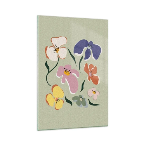 Obraz na szkle - Kolorowe kwiaty na zielonym tle w stylu nowoczesnym - 80x120cm - Bratki za pan brat - Nowoczesna dekoracja ścienna do salonu i sypialni ARTTOR