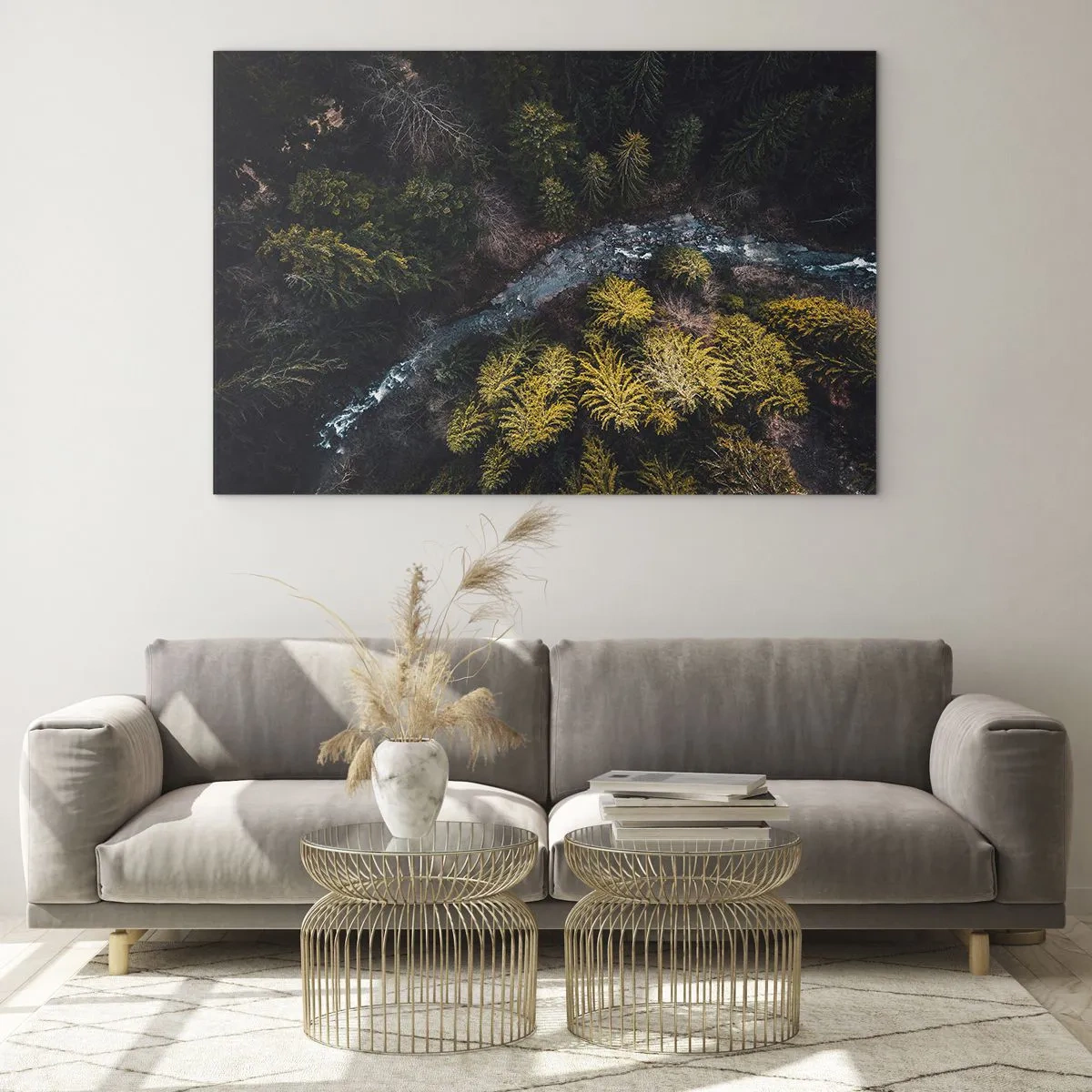 Obraz na szkle - Leśny krajobraz z lotu ptaka i wijącym się strumieniem - 70x50cm - Szybko, coraz szybciej - Nowoczesna dekoracja ścienna do salonu i sypialni ARTTOR