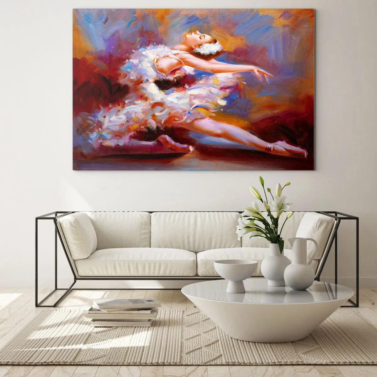 Obraz na szkle - Baletnica w dynamicznej pozie na tle abstrakcyjnych kolorów - 70x50cm - Łabędzia gracja - Nowoczesna dekoracja ścienna do salonu i sypialni ARTTOR